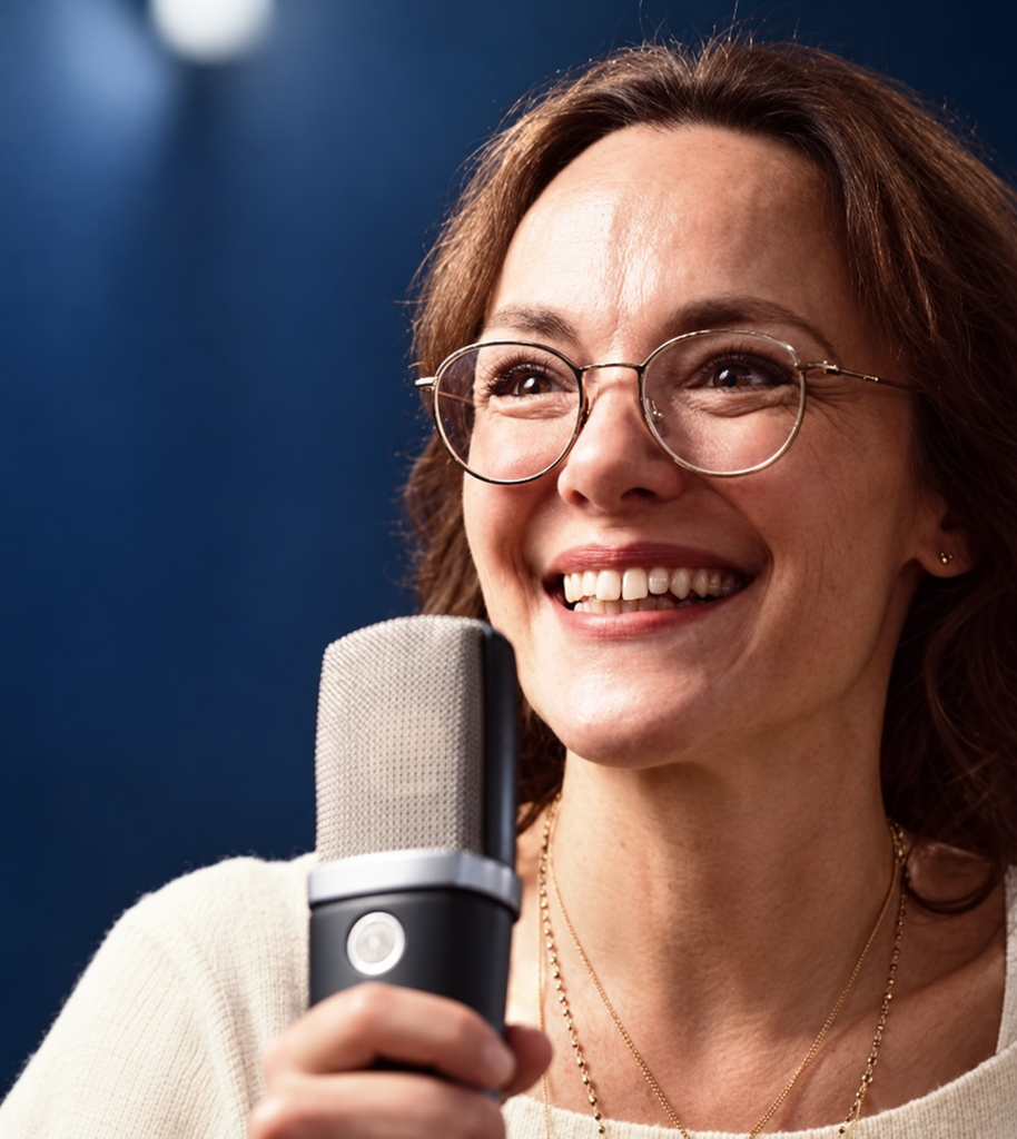 Melanie Wilden mit Mikrofon vor einem blaugrauen Hintergrund